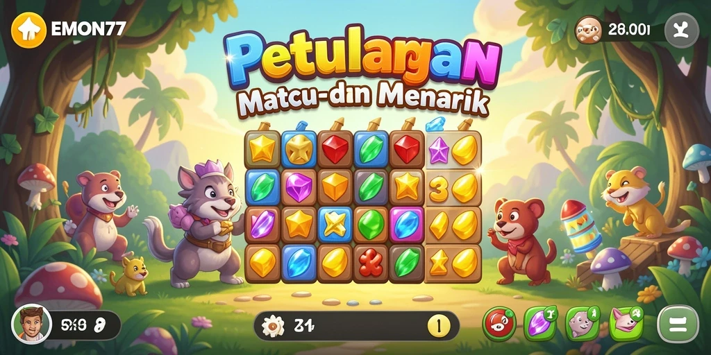 Screenshot gameplay EMON77 yang menampilkan aksi Match-3 yang mendebarkan.