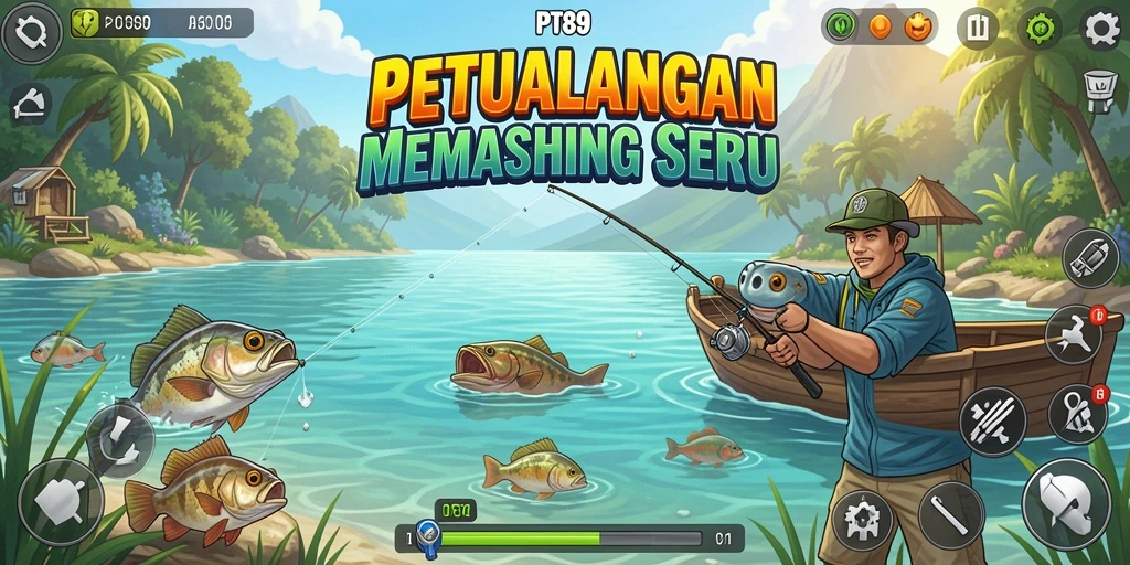 Screenshot gameplay PT89 menampilkan aksi seru memancing di lautan.