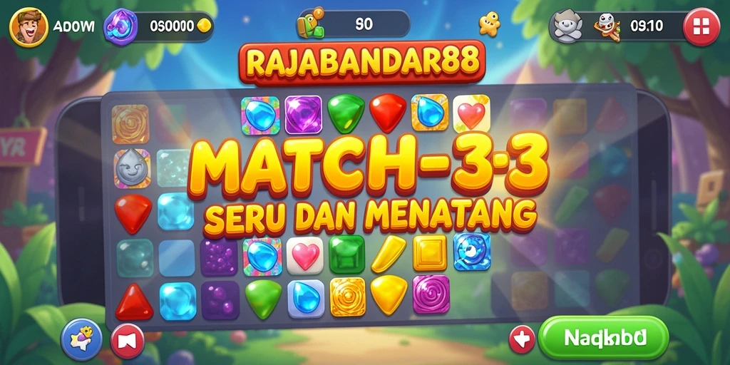 Tangkapan layar gameplay RAJABANDAR88 menampilkan aksi mencocokkan simbol Match-3.