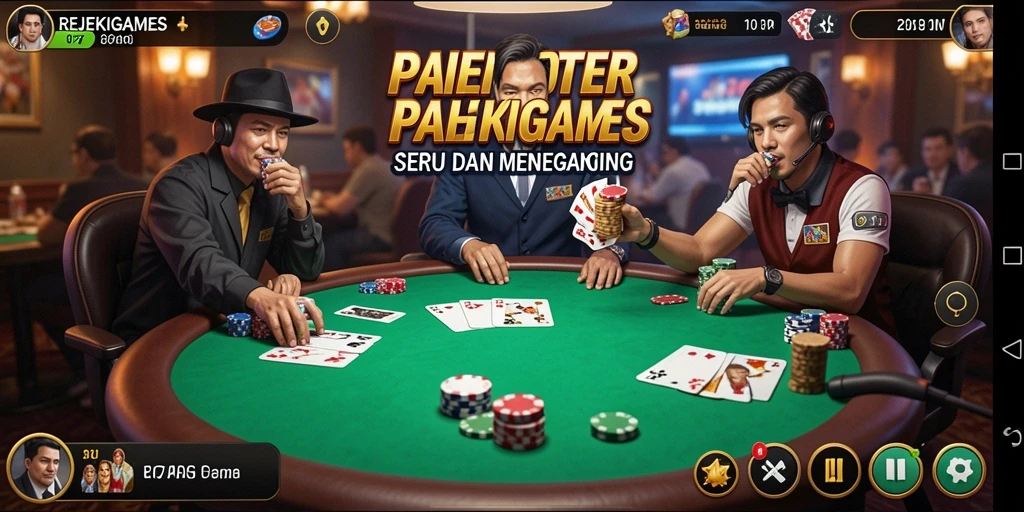 Screenshot utama REJEKIGAMES menampilkan pemain sedang beraksi di meja poker.
